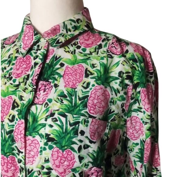 Charter Club Luxury Linen Bright Pineapple Print Roll Tab Sleeves Size Medium - Picture 2 of 10